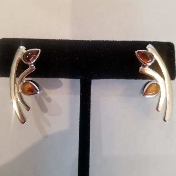Unique High Shine Non Tarnish 925 Sterling Silver Amber Earrings Made in Italy - Picture 1 of 9